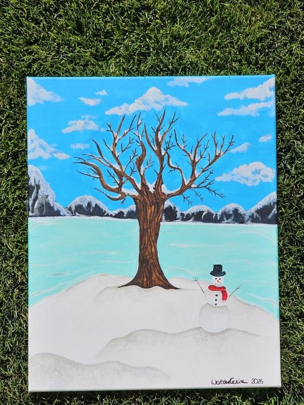 Gemälde: kahler Baum im Schnee mit kleinem Schneemann