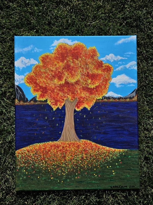 Gemälde: Baum mit orangem Herbstlaub vor dunkelblauem See