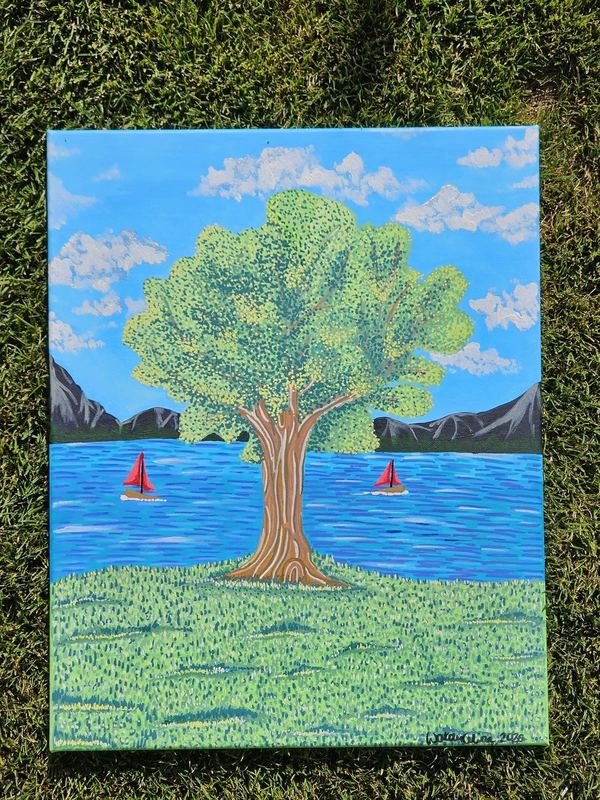 Gemälde: grüner Baum am See mit Segelbooten