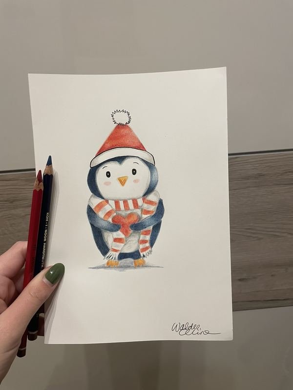 Zeichnung eines Pinguins mit roter Mütze und Schal