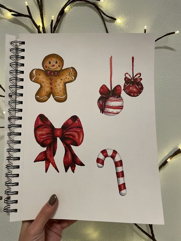 Zeichnung von Lebkuchenmann, Christbaumkugeln, Schleife und Zuckerstange