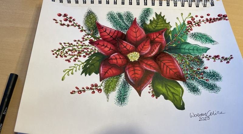 Zeichnung eines roten Weihnachtssterns mit Tannenzweigen und Beeren