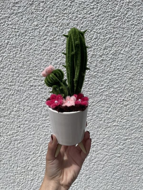 Kleiner Kaktus mit Blüten aus Chenilledraht im weißen Topf