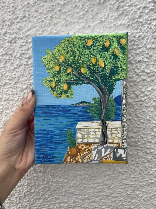 Gemälde: Zitronenbaum an einer Mauer über dem blauen Meer