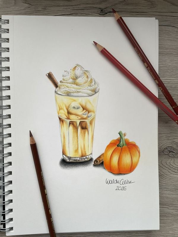Farbstift-Zeichnung eines Kürbis-Lattes mit Sahnehaube und kleinem Kürbis
