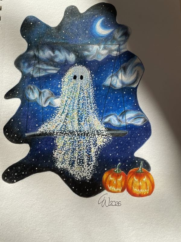 Ein kleiner Geist auf einer Schaukel im Sternenhimmel, darunter zwei Halloween-Kürbisse